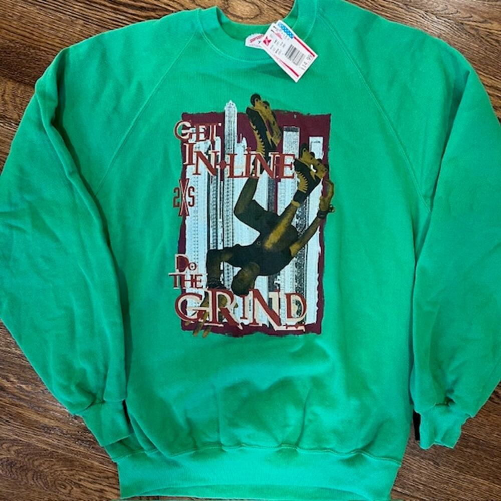 VTG NOS Jerzeez Skater Graphic Print Crewneck Sweatshirt Youth XL Green USA
